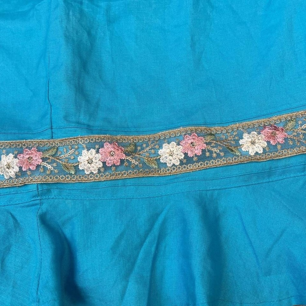 Vintage Turquoise‎ Linen Blend Midi Skirt floral Sequins Embroidered Trim Ruffle - Picture 5 of 6